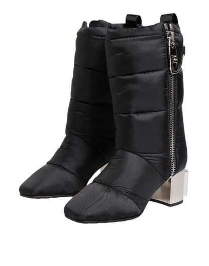 Dolce &amp; Gabbana – Schwarze, gepolsterte Stiefel mit Logo-Absatz und mittelhohem Schaft