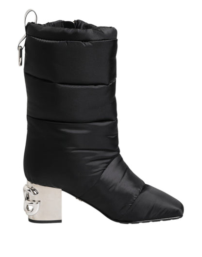 Dolce &amp; Gabbana – Schwarze, gepolsterte Stiefel mit Logo-Absatz und mittelhohem Schaft
