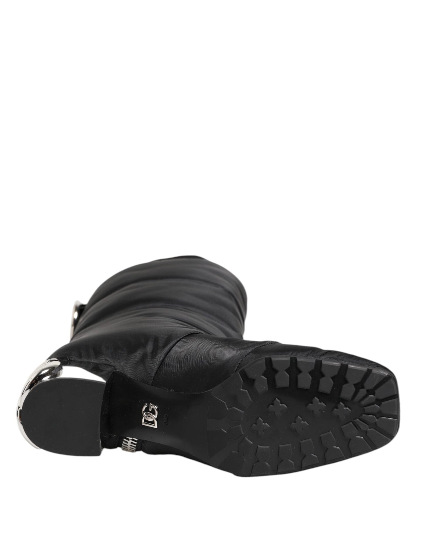 Dolce &amp; Gabbana – Schwarze, gepolsterte Stiefel mit Logo-Absatz und mittelhohem Schaft