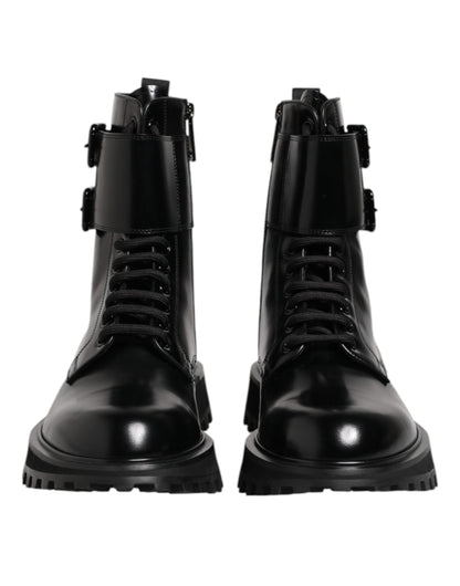 Dolce &amp; Gabbana – Schwarze, wadenhohe Schnürstiefel aus Leder