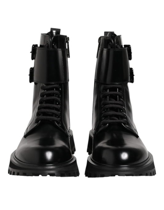 Dolce &amp; Gabbana – Schwarze, wadenhohe Schnürstiefel aus Leder