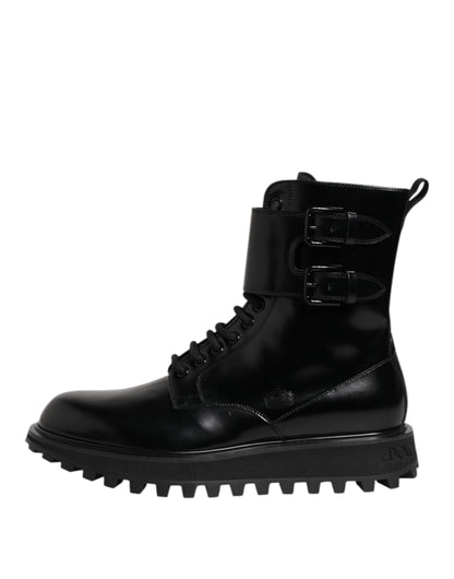 Dolce &amp; Gabbana – Schwarze, wadenhohe Schnürstiefel aus Leder