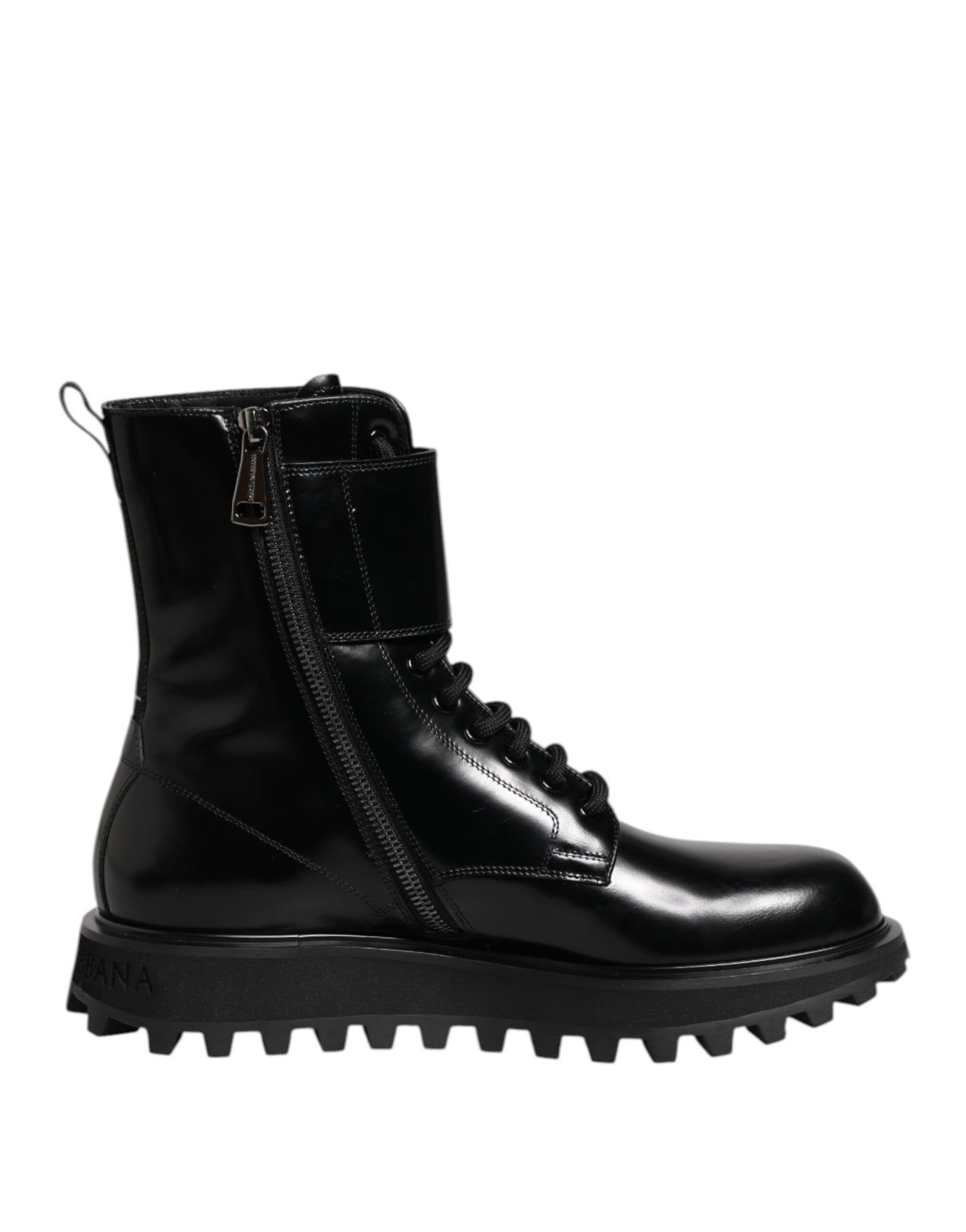 Dolce &amp; Gabbana – Schwarze, wadenhohe Schnürstiefel aus Leder