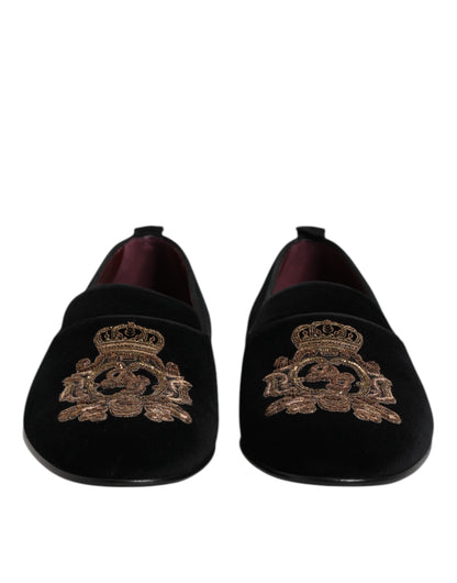 Dolce &amp; Gabbana Herren-Loafer aus schwarzem Samt mit goldener Krone