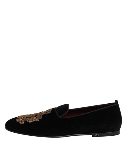 Dolce &amp; Gabbana Herren-Loafer aus schwarzem Samt mit goldener Krone