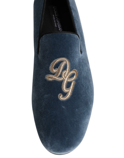 Dolce &amp; Gabbana – Blaue Loafer aus Samt mit DG-Logo, formelle Schuhe