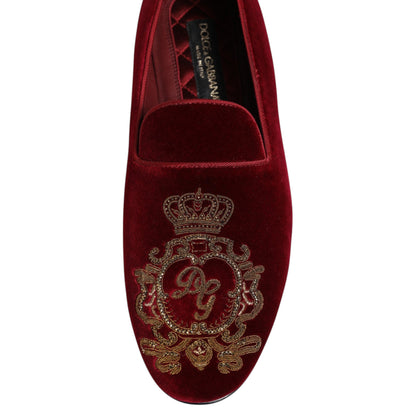 Dolce &amp; Gabbana Roter Samt Gold Crown Herren Loafer Schuhe