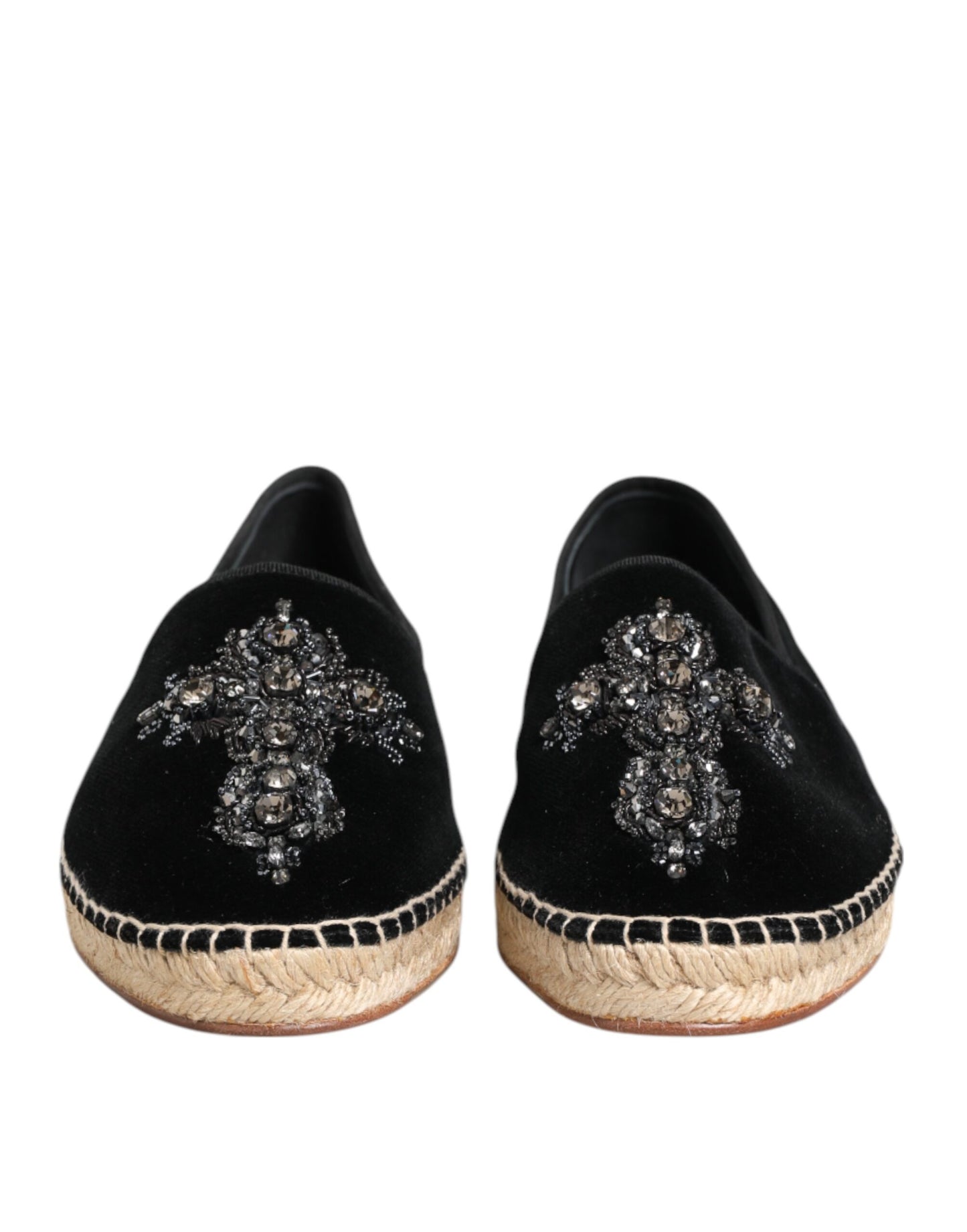 Dolce &amp; Gabbana – Schwarze Espadrilles mit Kreuz und Kristallen zum Hineinschlüpfen