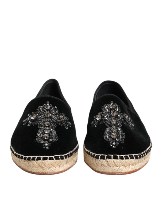 Dolce &amp; Gabbana – Schwarze Espadrilles mit Kreuz und Kristallen zum Hineinschlüpfen