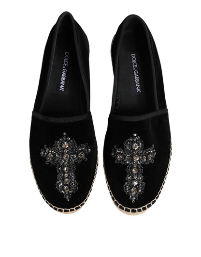 Dolce &amp; Gabbana – Schwarze Espadrilles mit Kreuz und Kristallen zum Hineinschlüpfen