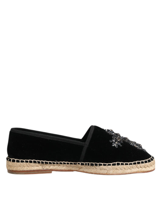 Dolce &amp; Gabbana – Schwarze Espadrilles mit Kreuz und Kristallen zum Hineinschlüpfen