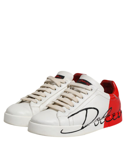Dolce & Gabbana White Red Leather Logo Low Top Sneakers Shoes