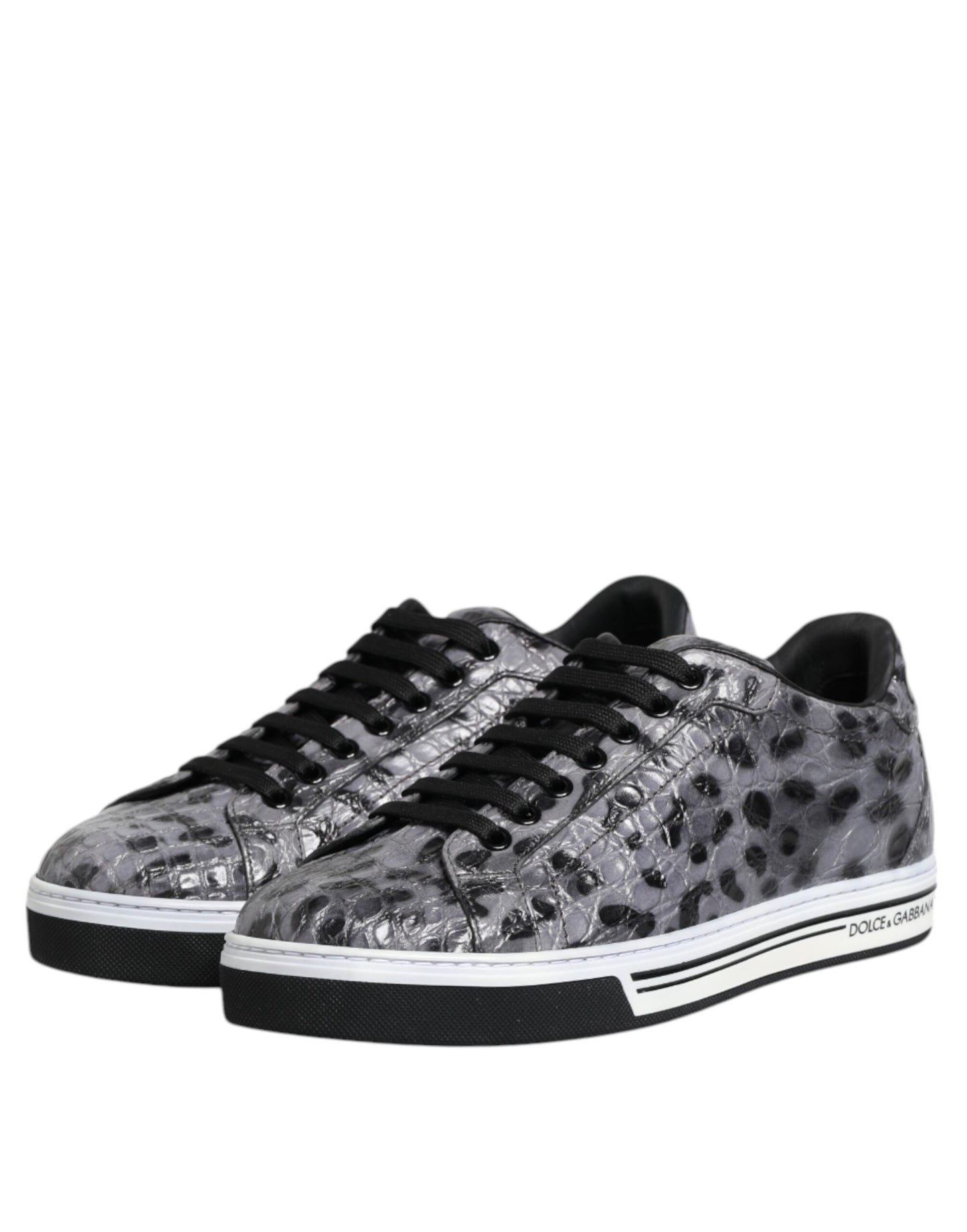 Dolce &amp; Gabbana Graue Leder Leopard Low Top Sneakers Schuhe