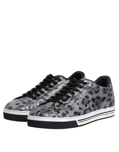 Dolce &amp; Gabbana Graue Leder Leopard Low Top Sneakers Schuhe