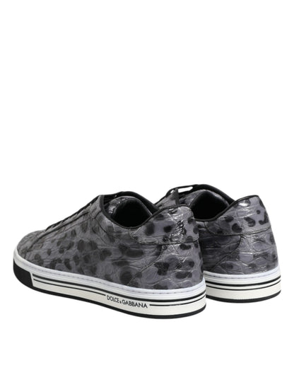 Dolce &amp; Gabbana Graue Leder Leopard Low Top Sneakers Schuhe
