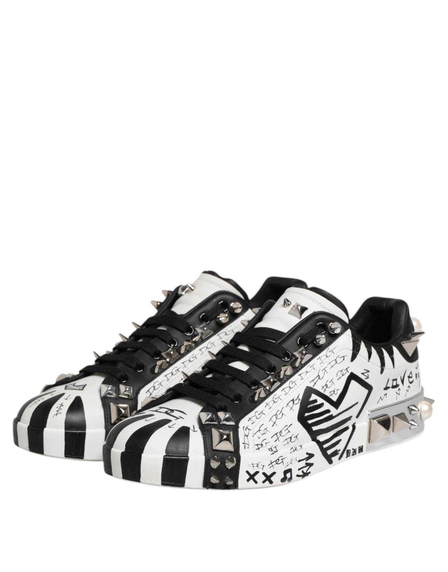 Dolce &amp; Gabbana Schwarz Weiß Nieten Low Top Sneakers Schuhe