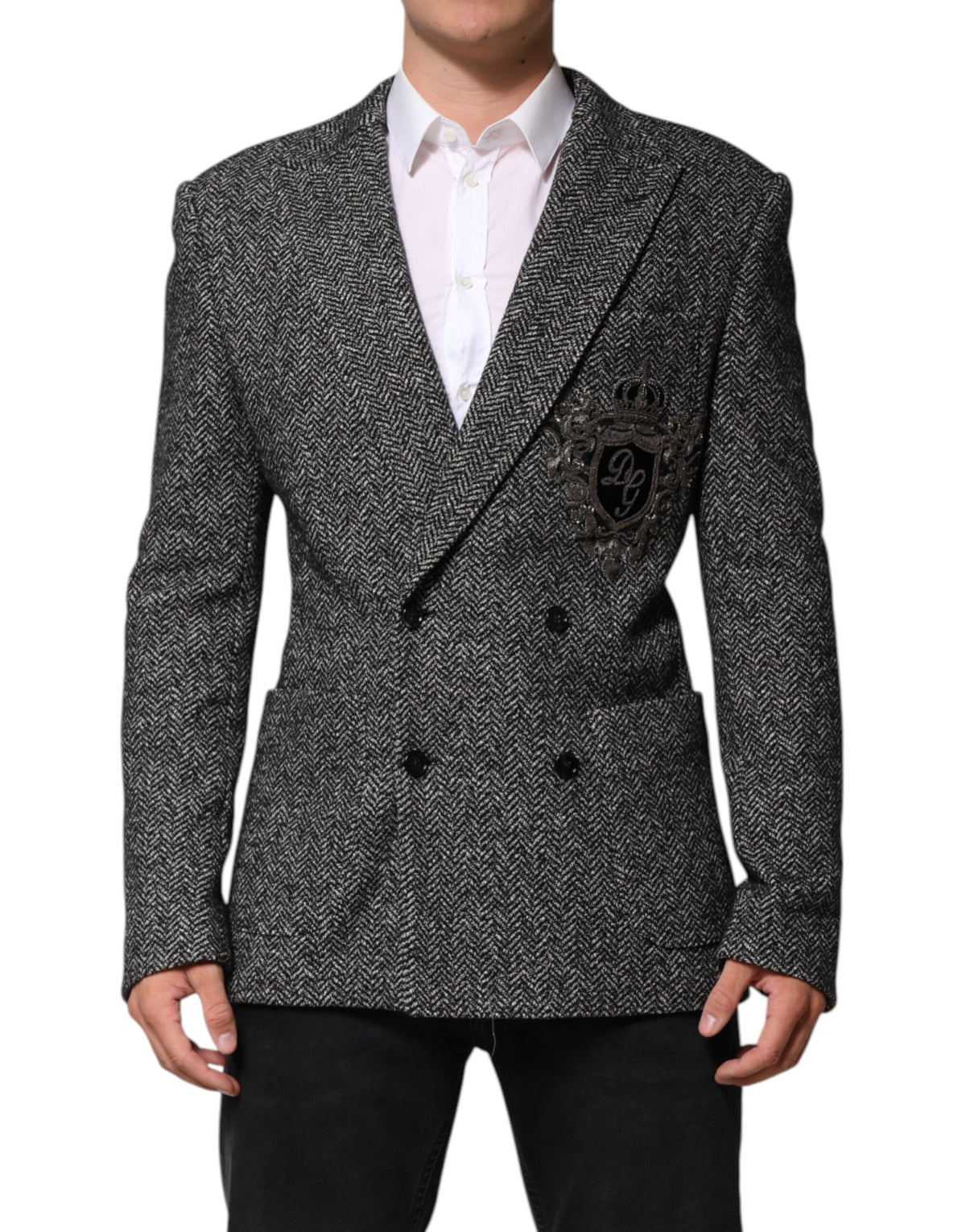 Dolce & Gabbana Dunkelgrau Weiß Zweireihiger Herrenanzug Blazer