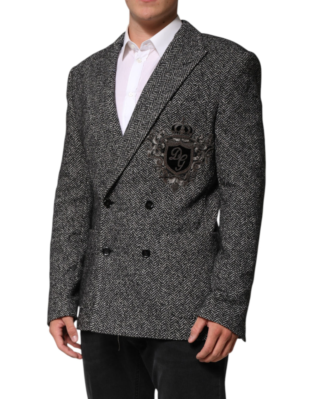 Dolce & Gabbana Dunkelgrau Weiß Zweireihiger Herrenanzug Blazer