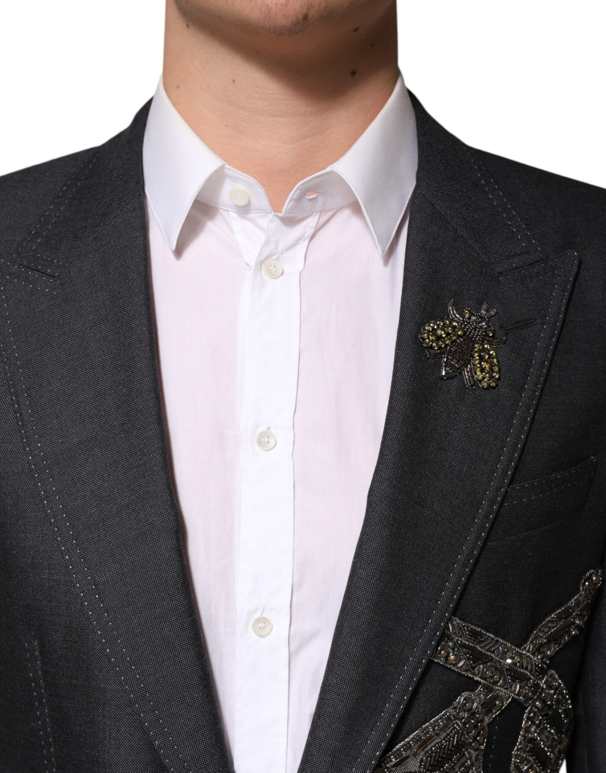 Dolce &amp; Gabbana – Dunkelgrauer Wollmantel-Blazer mit Bienenstickerei