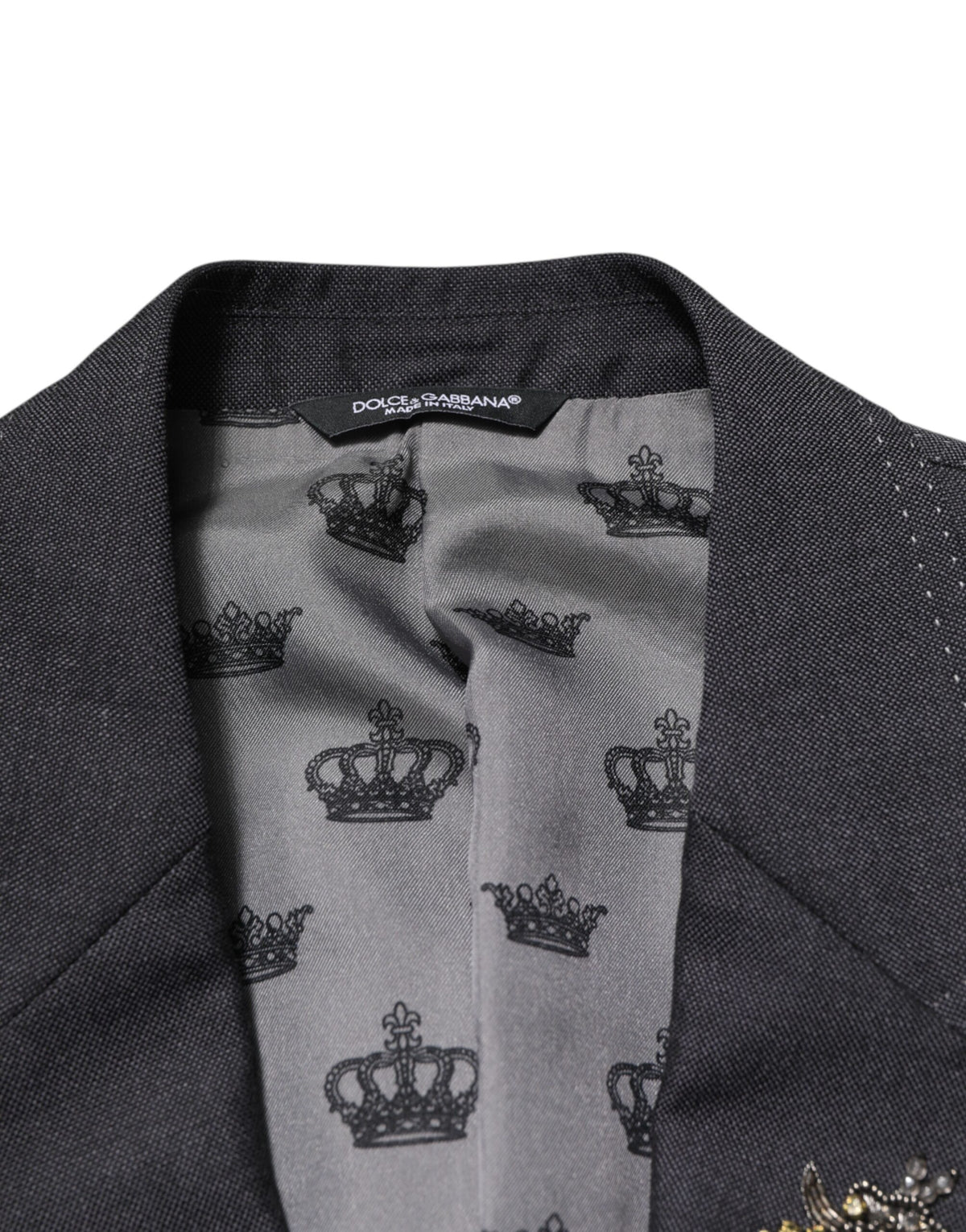 Dolce &amp; Gabbana – Dunkelgrauer Wollmantel-Blazer mit Bienenstickerei