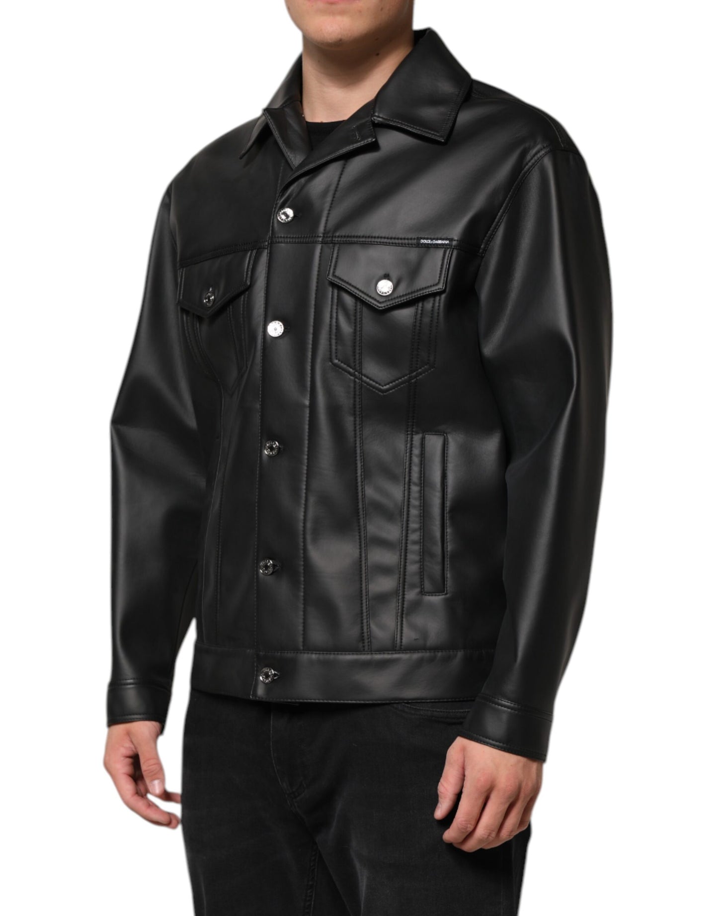 Dolce &amp; Gabbana – Schwarze Bikerjacke aus Polyester mit Knopfleiste