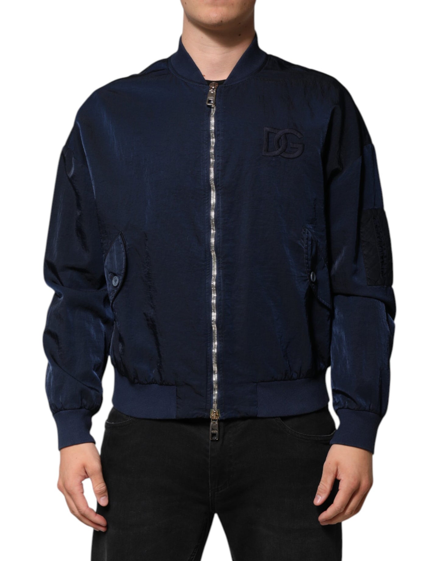 Dolce &amp; Gabbana – Blaue Bomberjacke aus Nylon mit DG-Stickerei für Herren