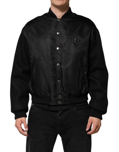 Dolce &amp; Gabbana – Bomberjacke aus schwarzem Polyester mit Logo-Schild