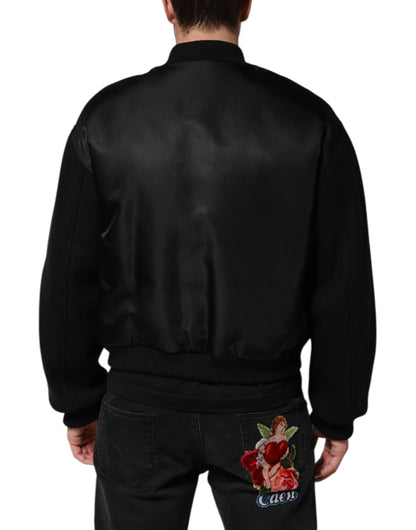 Dolce &amp; Gabbana – Bomberjacke aus schwarzem Polyester mit Logo-Schild