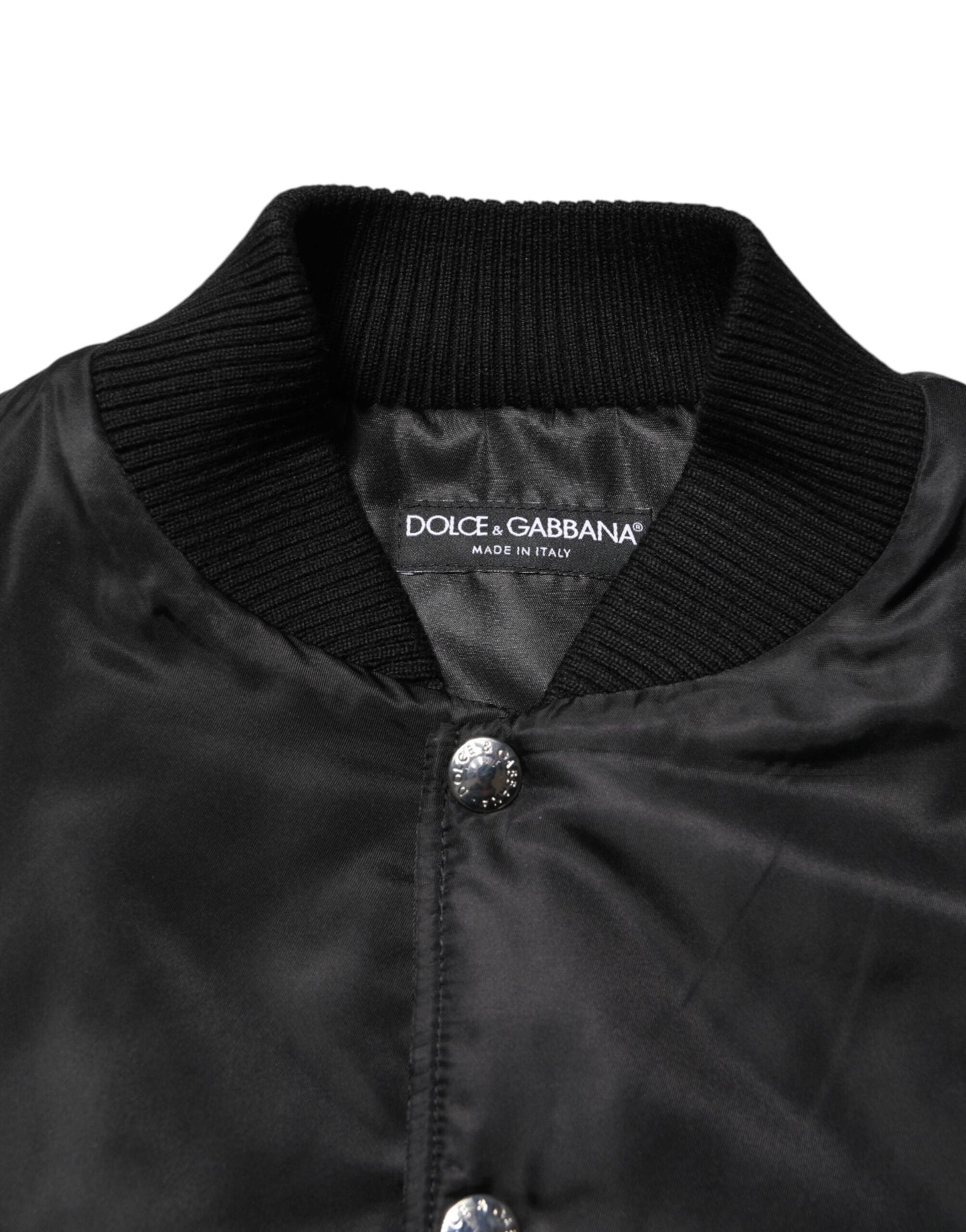 Dolce &amp; Gabbana – Bomberjacke aus schwarzem Polyester mit Logo-Schild