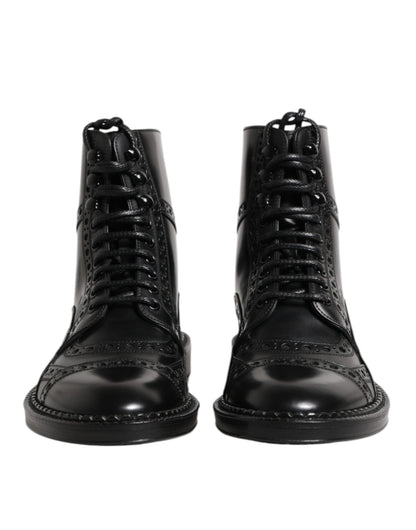 Dolce &amp; Gabbana – Schwarze, wadenhohe Schnürstiefel aus Leder