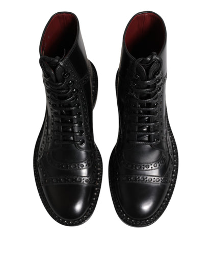 Dolce &amp; Gabbana – Schwarze, wadenhohe Schnürstiefel aus Leder