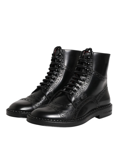 Dolce &amp; Gabbana – Schwarze, wadenhohe Schnürstiefel aus Leder