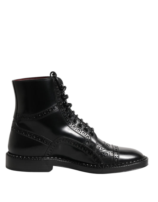 Dolce &amp; Gabbana – Schwarze, wadenhohe Schnürstiefel aus Leder