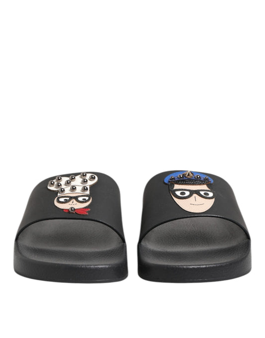 Dolce &amp; Gabbana – Schwarze Leder-Slides, flache Strandschuhe