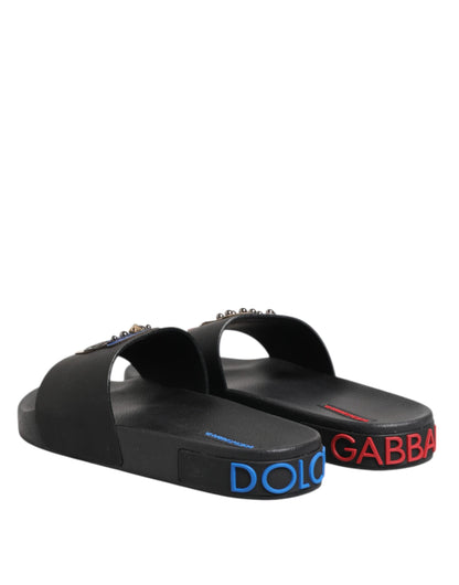 Dolce &amp; Gabbana – Schwarze Leder-Slides, flache Strandschuhe