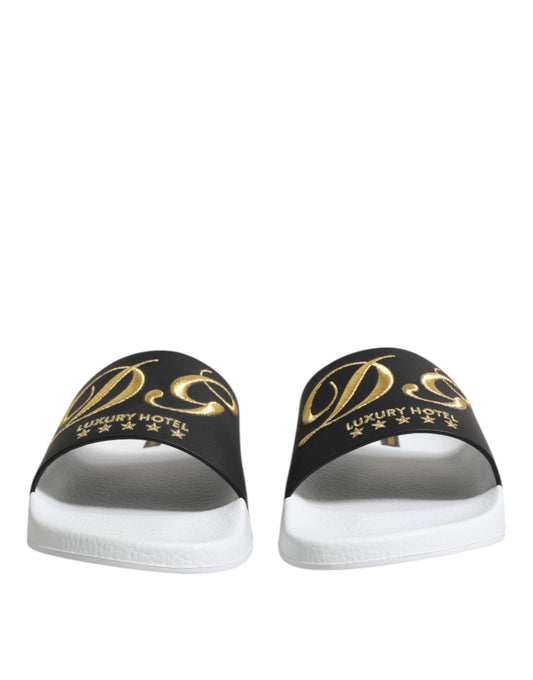 Dolce &amp; Gabbana Weiß Schwarz Leder Sandalen Beachwear Schuhe
