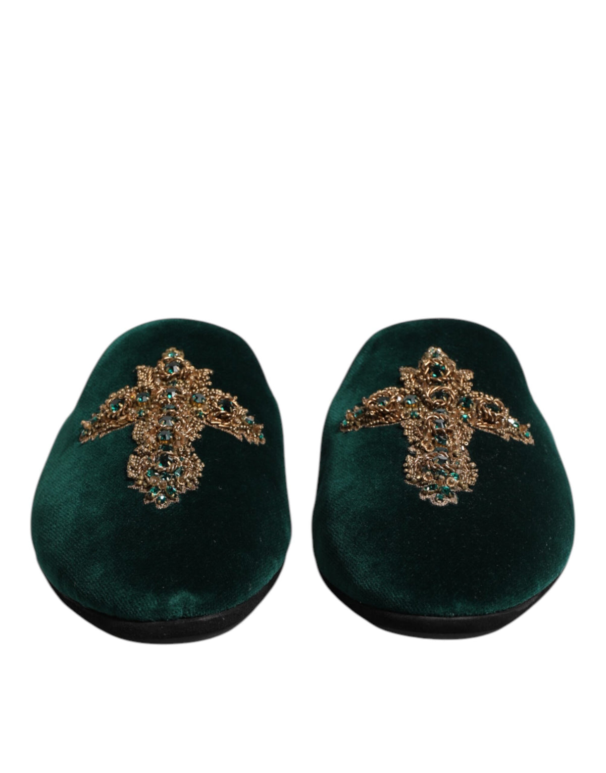 Dolce &amp; Gabbana – Hausschuhe aus grünem Samt mit Kreuzverzierung