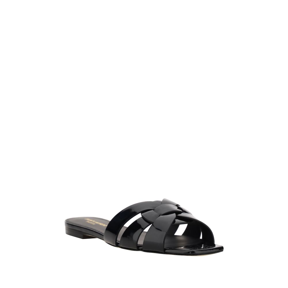 Saint Laurent Flache Sandalen aus schwarzem Kalbsleder (Bos Taurus)