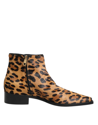 Dolce &amp; Gabbana Braune Stiefeletten aus Kalbsfell mit Leopardenmuster