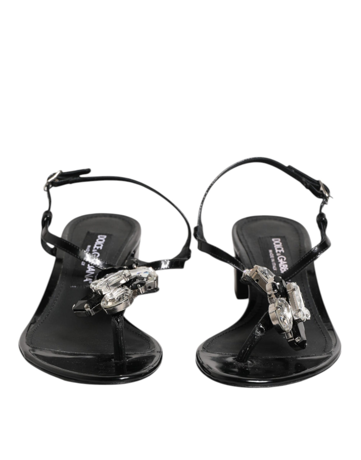 Dolce &amp; Gabbana Schwarze Ledersandalen mit Knöchelriemen und Kristallen