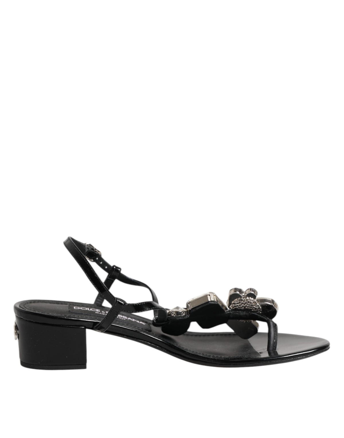 Dolce &amp; Gabbana Schwarze Ledersandalen mit Knöchelriemen und Kristallen
