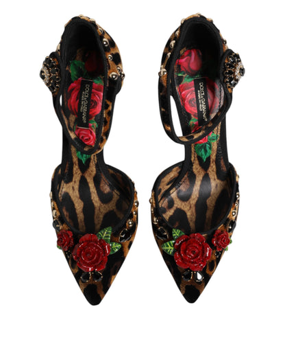 Dolce &amp; Gabbana – Pumps mit Leopardenmuster und Kristallrosen in Braun