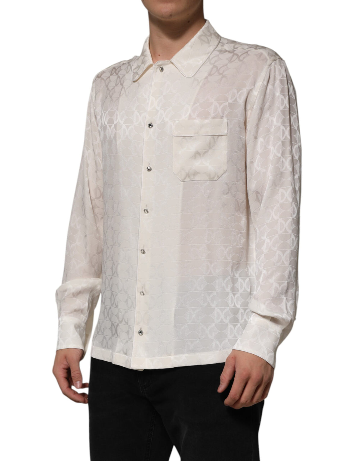 Dolce &amp; Gabbana – Langärmliges Hemd aus weißer Seide mit DG-Logo-Print