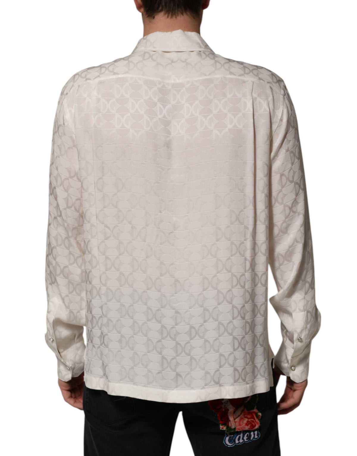 Dolce &amp; Gabbana – Langärmliges Hemd aus weißer Seide mit DG-Logo-Print