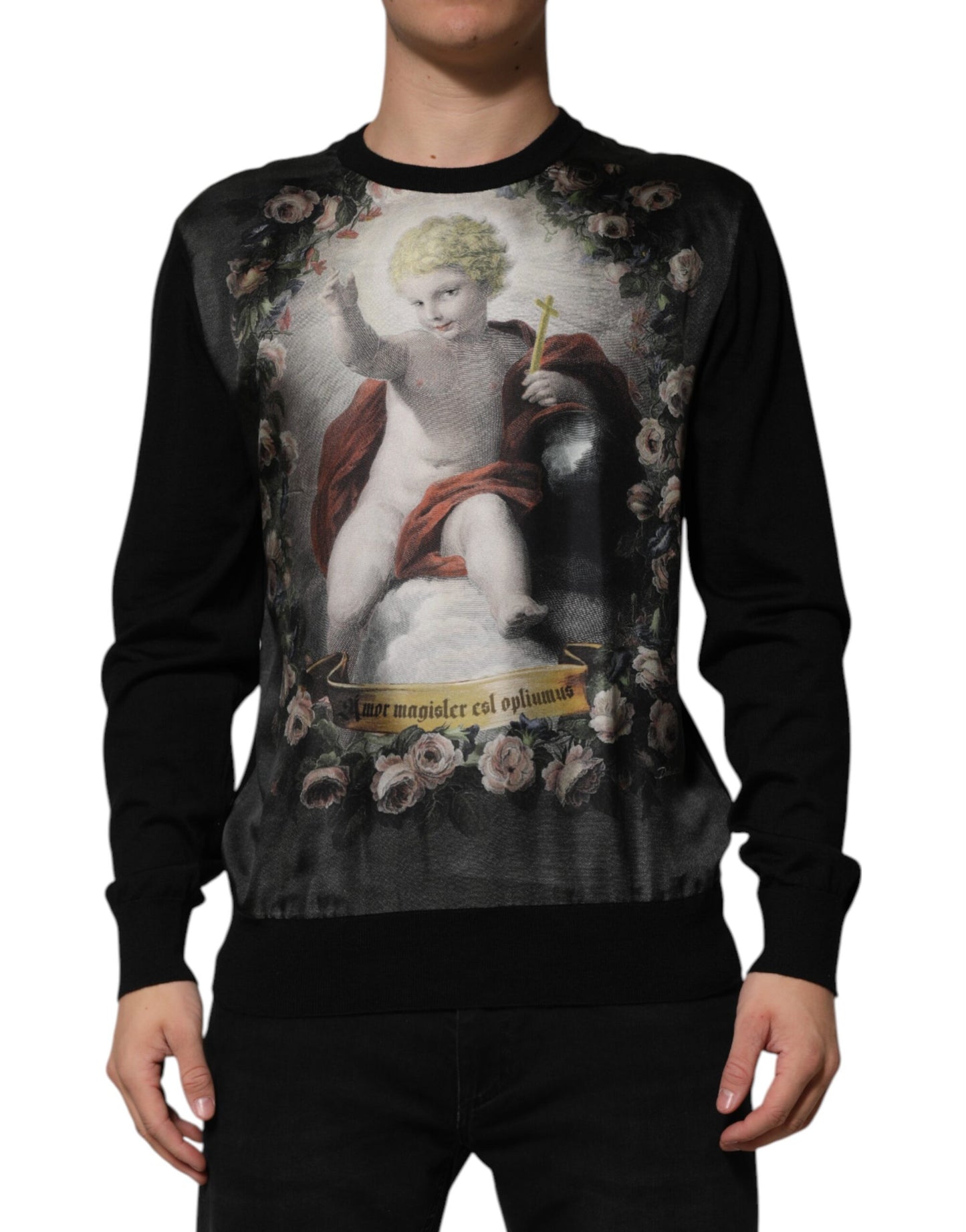 Dolce &amp; Gabbana – Schwarzer Kaschmirpullover mit Cherub-Print und Barock-Print
