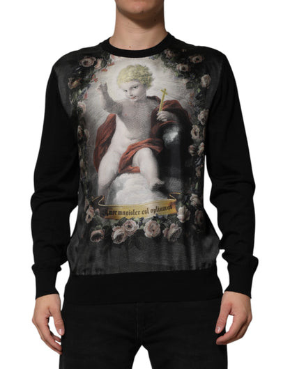Dolce &amp; Gabbana – Schwarzer Kaschmirpullover mit Cherub-Print und Barock-Print