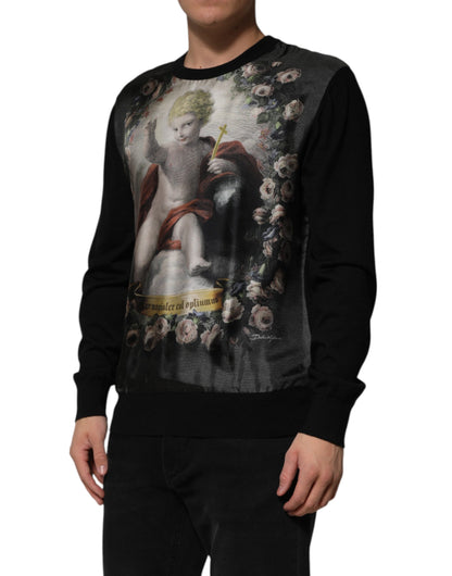 Dolce &amp; Gabbana – Schwarzer Kaschmirpullover mit Cherub-Print und Barock-Print