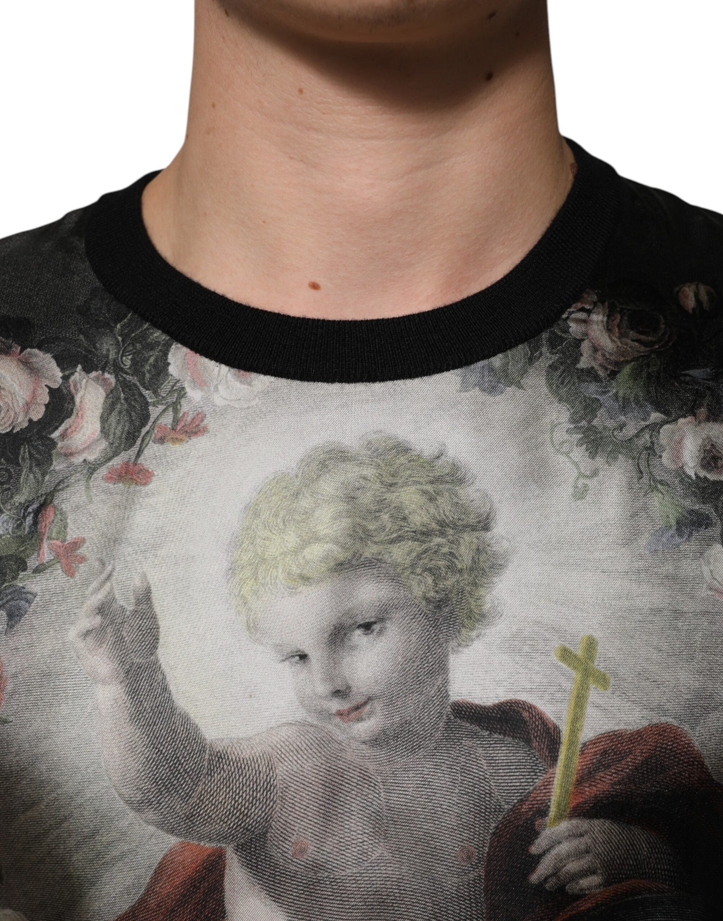 Dolce &amp; Gabbana – Schwarzer Kaschmirpullover mit Cherub-Print und Barock-Print