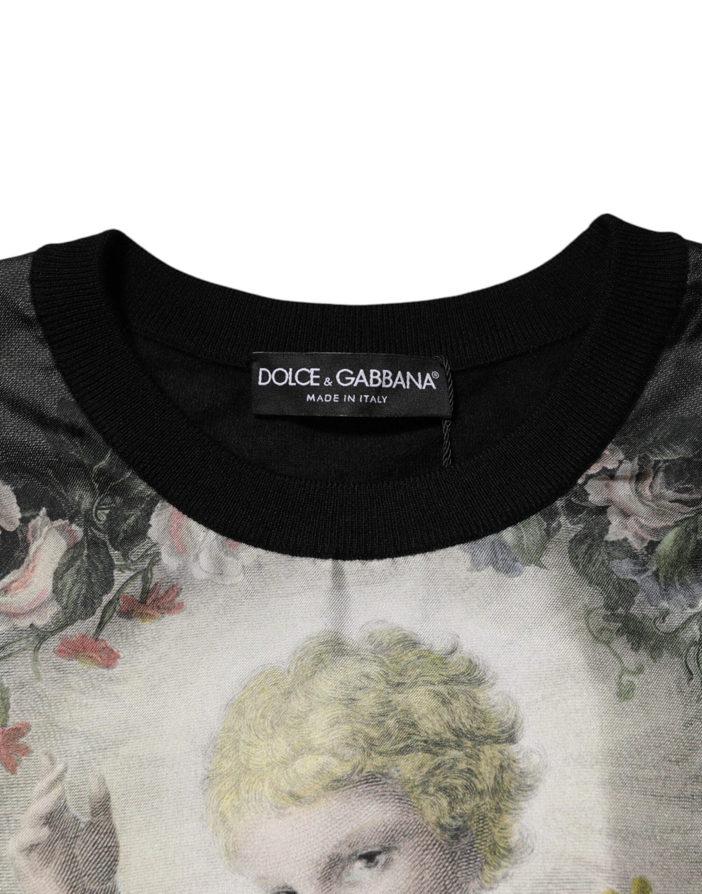 Dolce &amp; Gabbana – Schwarzer Kaschmirpullover mit Cherub-Print und Barock-Print