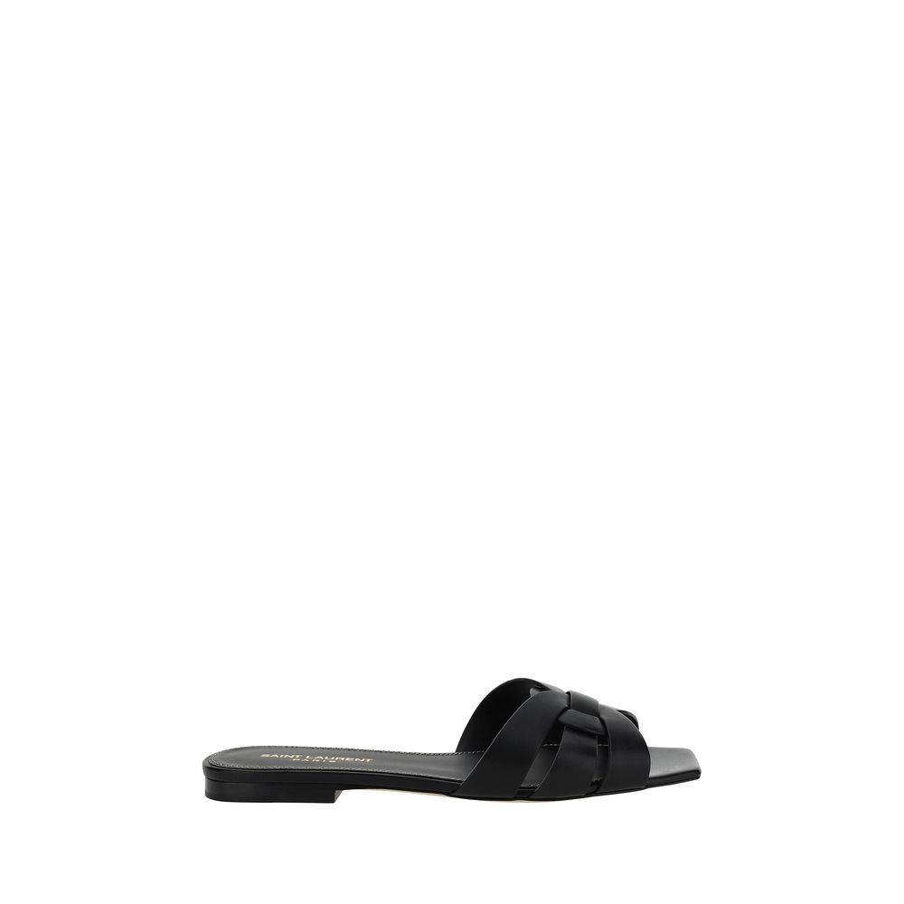 Saint Laurent Flache Sandalen aus schwarzem Kalbsleder (Bos Taurus)